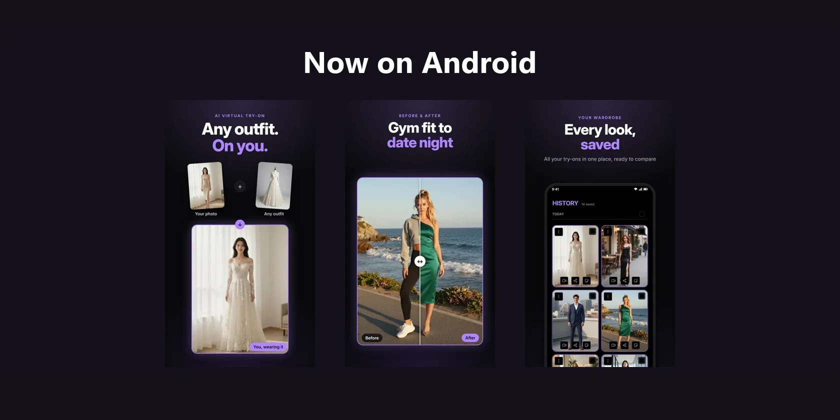 Three Virtual Change Room app screens side by side under the heading Now on Android.