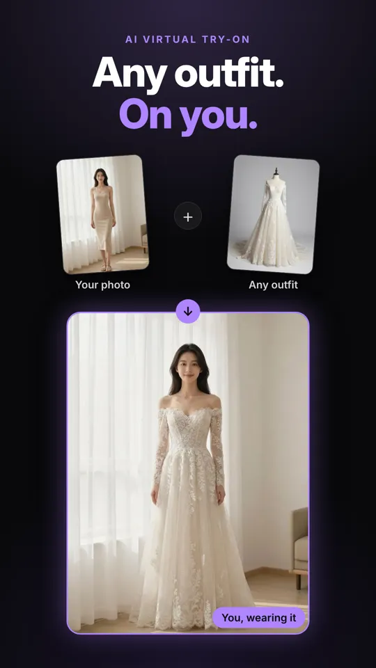 The app's try-on screen: a woman's photo plus a wedding dress, and the result of her wearing it.
