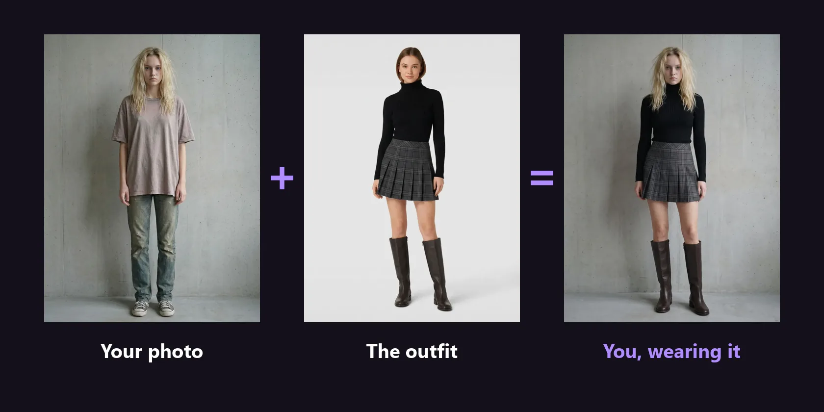 Three photos side by side: a woman in a t-shirt and jeans, a skirt and turtleneck outfit, and the same woman wearing that outfit.