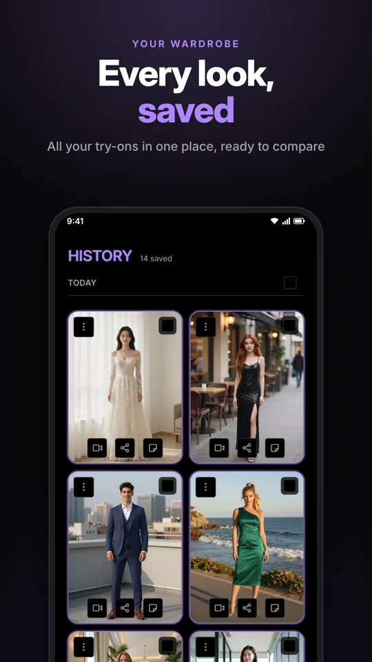 The app's history screen: a grid of saved try-ons.