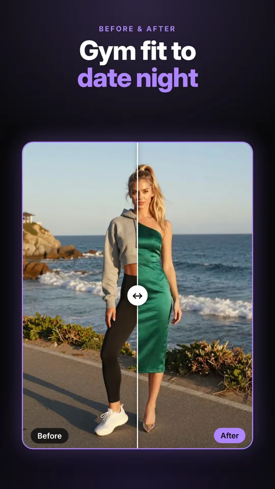 A before and after slider in the app: a woman in gym clothes, then in a green satin dress.